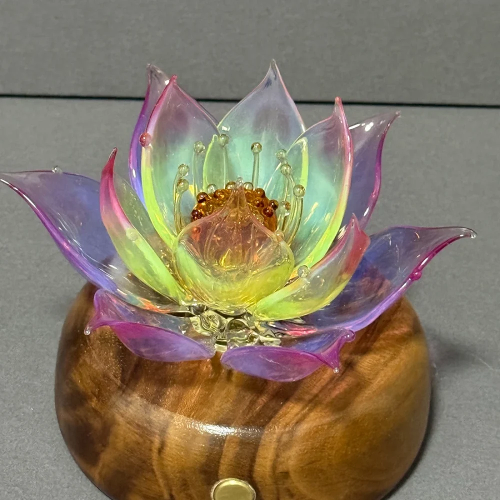 Prism Lotus — Real Front View with Walnut Base Real front view of Prism Lotus lampworked glass light on its rechargeable walnut wood base