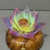 Prism Lotus — Real Front View with Walnut Base Real front view of Prism Lotus lampworked glass light on its rechargeable walnut wood base