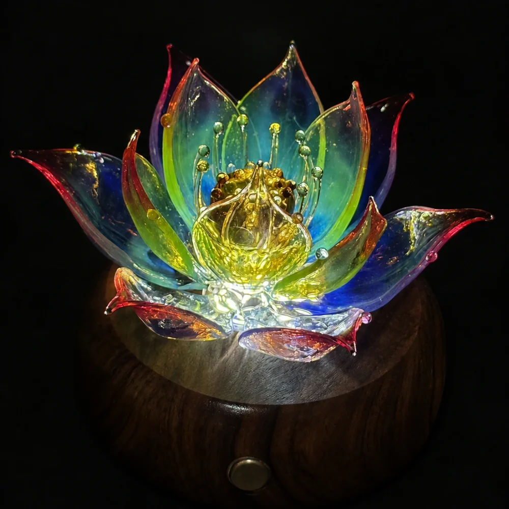 Prism Lotus — Real Night Glow Real Prism Lotus glowing at night on its walnut wood light base