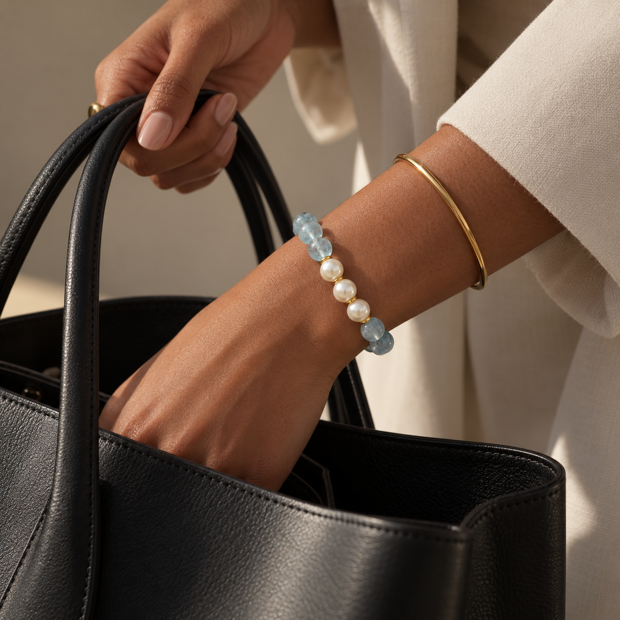 Aquamarine and pearl bracelet styled for everyday wear