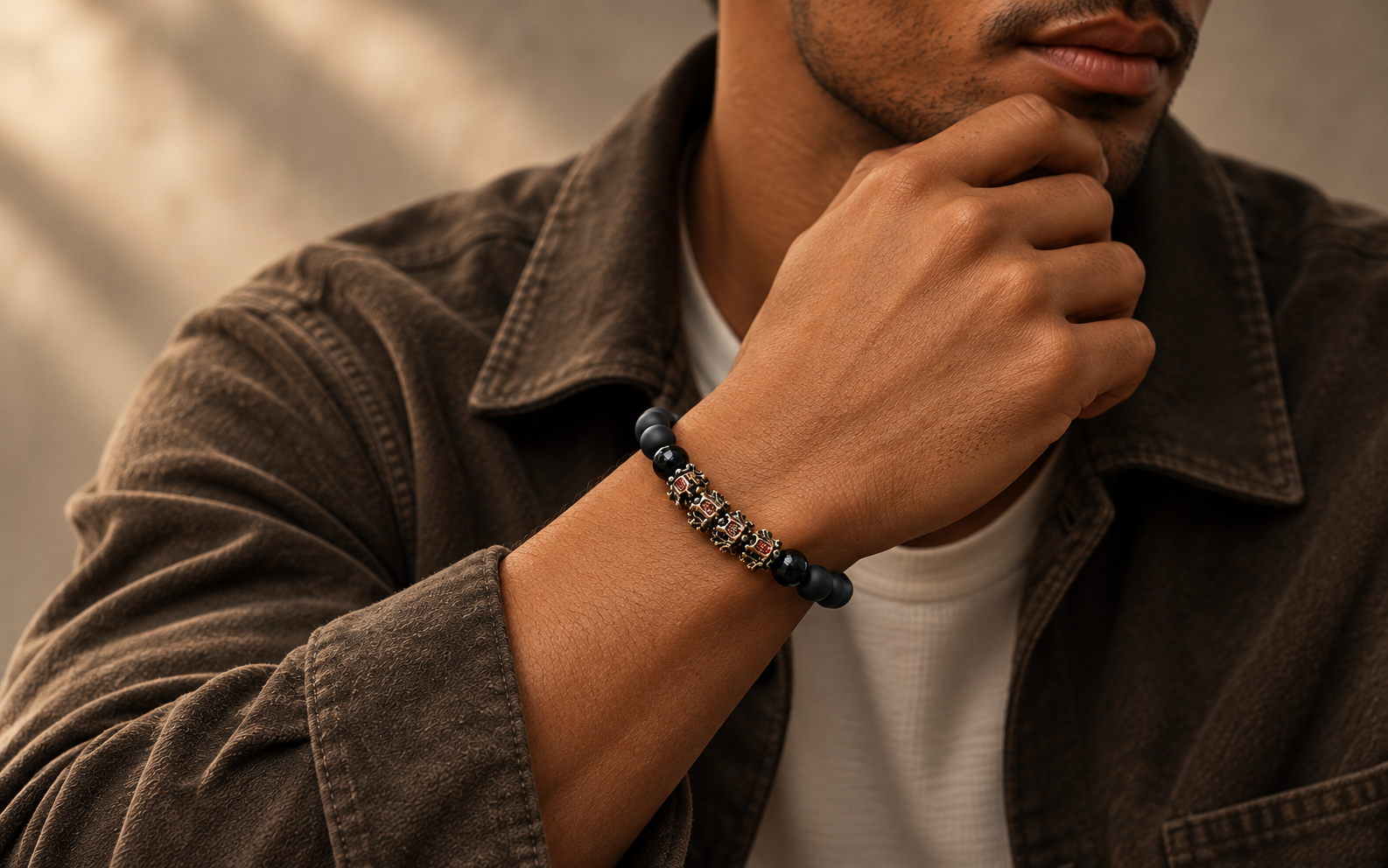 Black obsidian bracelet styled for everyday wear