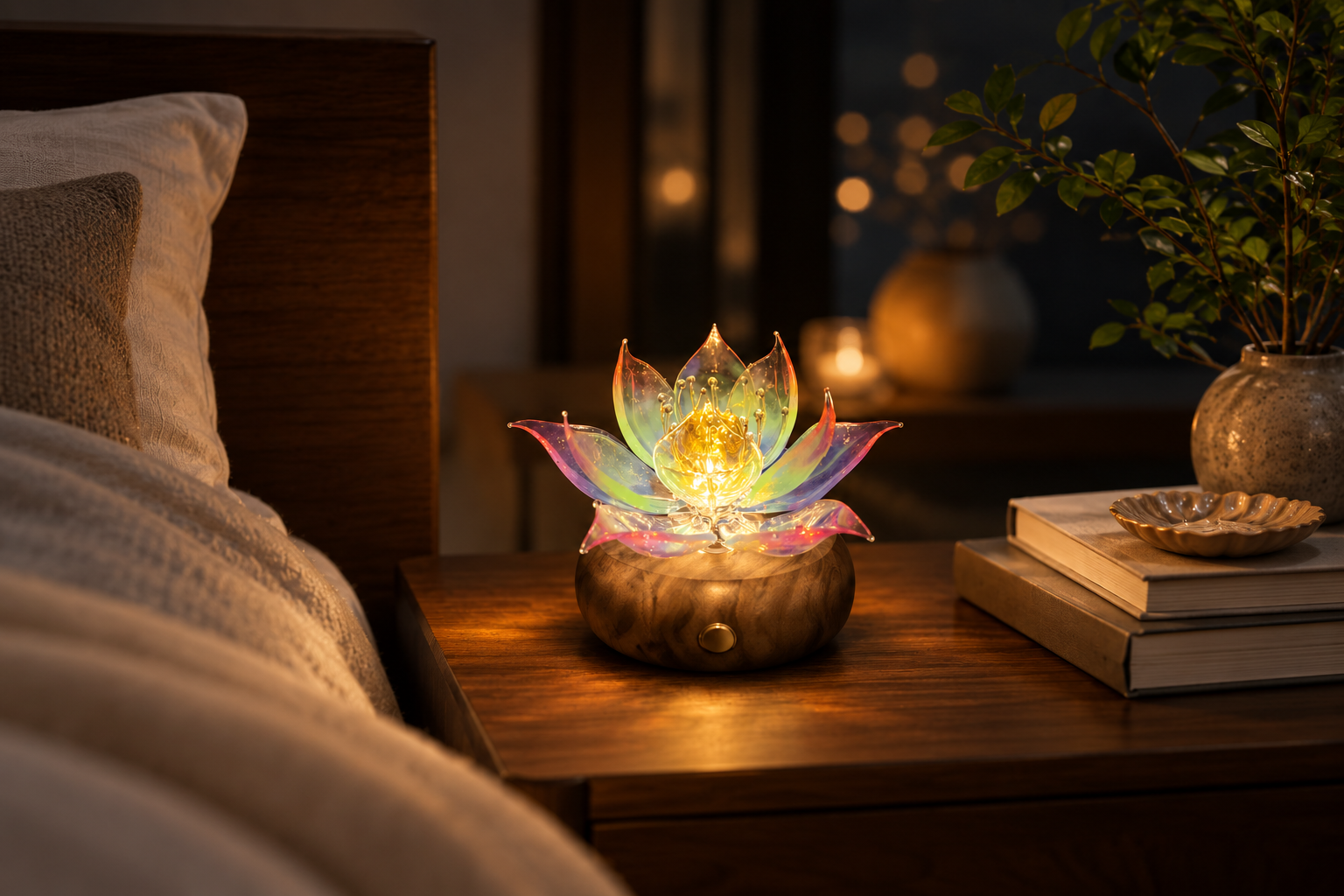 Prism Lotus handmade glass object in warm ambient light