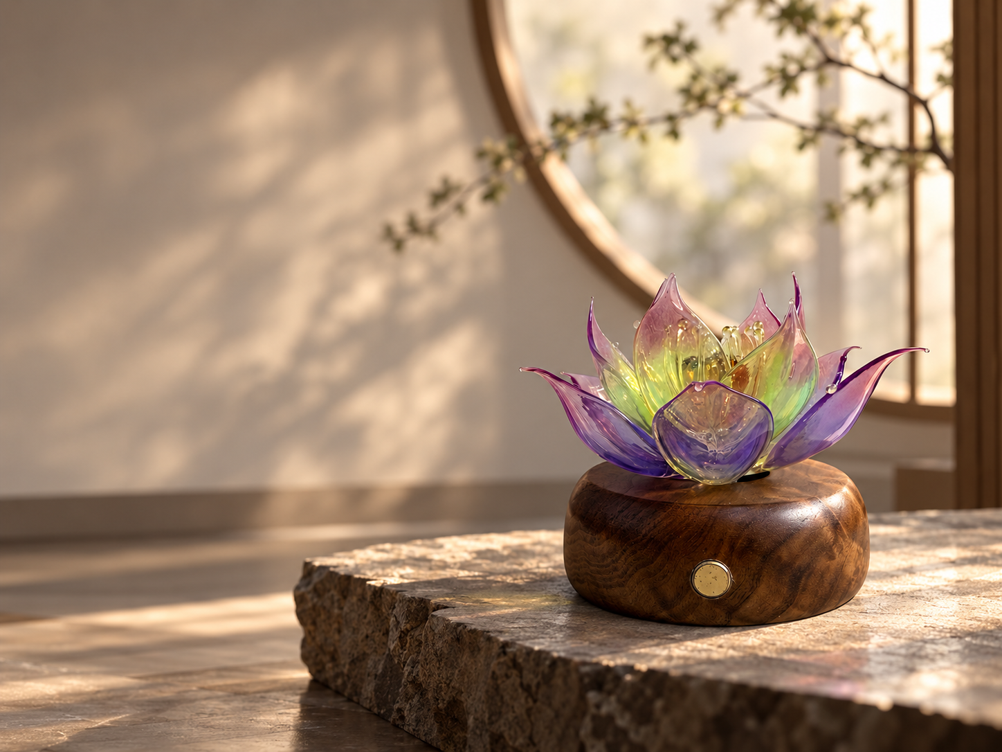Prism Lotus displayed in a refined contemporary Eastern interior with warm natural light, stone surfaces, a circular architectural opening, and generous negative space.