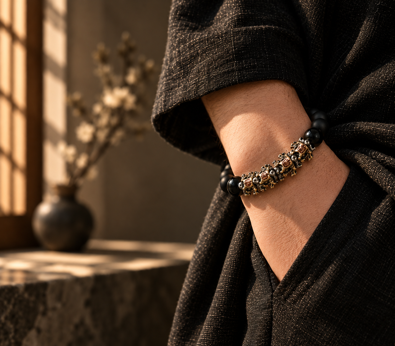 The Centered Path black obsidian bracelet worn on a wrist in a refined dark-textured outfit, photographed as a warm luxury lifestyle hero image.